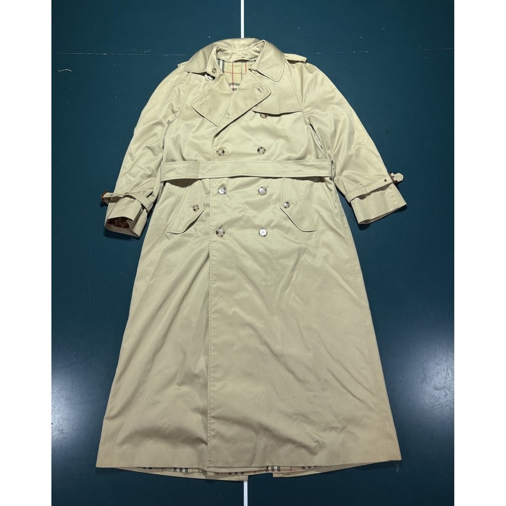 Vintage 1980s Double Breasted Trench Coat Beige Plaid Check Lining Men's Large